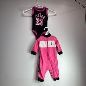 Jordan Baby Girls 2 Piece Outfit Black Pink Onesie & Tracksuit Set 0-6 Months